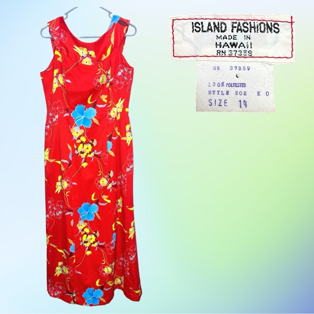 Vintage 70's/80's Red Floral ISLAND FASHIONS Sleeveless Maxi Dress Sz 14